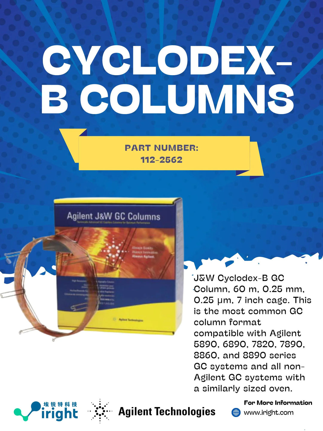 Agilent, 112-2562, J&W Cyclodex-B GC Column, 60 m, 0.25 mm, 0.25 µm, 7 inch cage