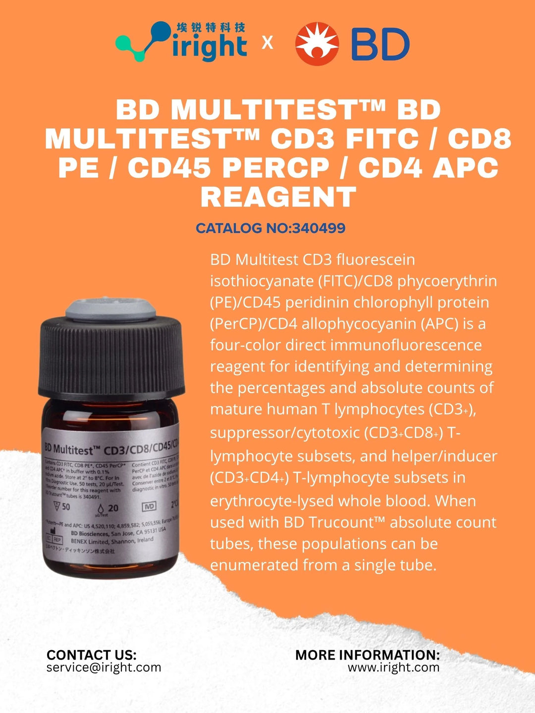 BD, 340499, BD Multitest™ BD Multitest™ CD3 FITC / CD8 PE / CD45 PerCP / CD4 APC reagent