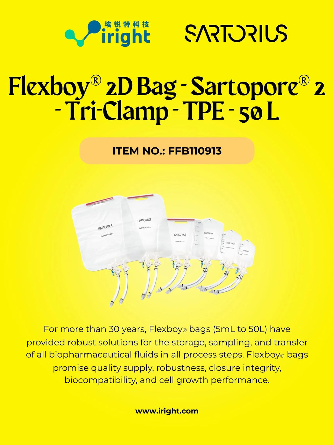 Flexboy® 2D Bag - Sartopore® 2 - Tri-Clamp - TPE - 50 L