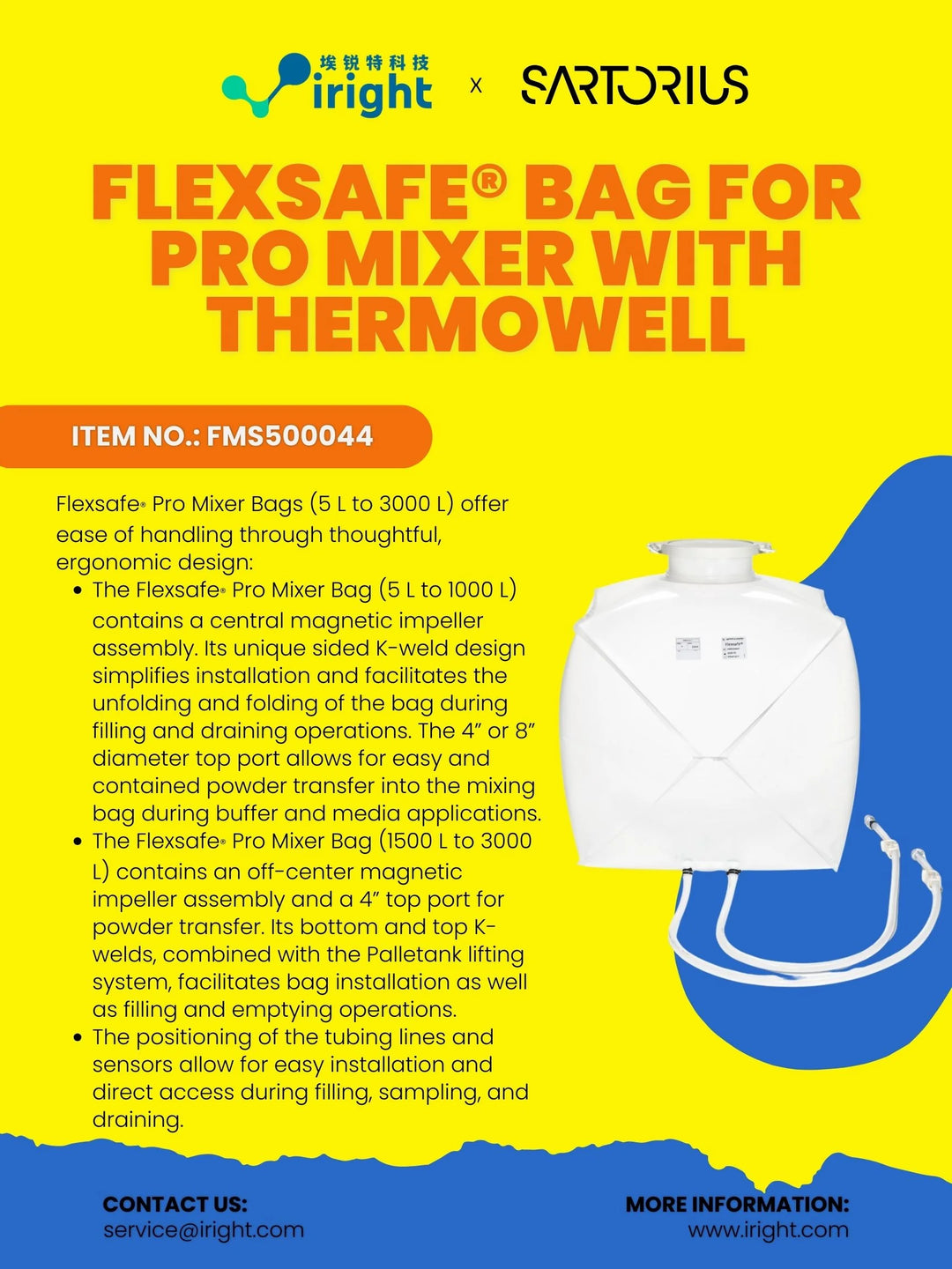 Sartorius, FMS500044, Flexsafe® Bag for Pro Mixer with Thermowell - Open Top Port - Drain Valve - 50 L